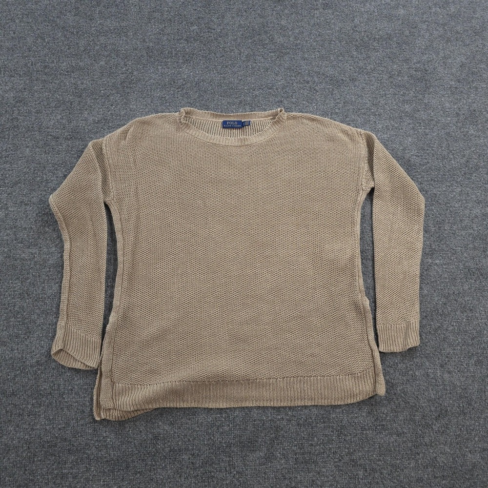 Polo Ralph Lauren Sweater Tunic Womens Medium Beige Linen Crew Neck Knit Relaxed